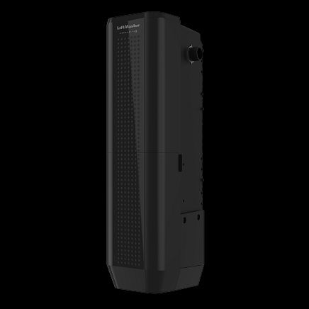 Black, rectangular device with a perforated front panel and side detailing, likely technological equipment.