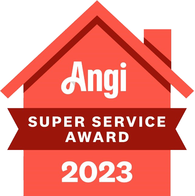 Angi Super Service Award 2023 badge, red with a house silhouette and text 