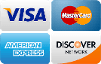Logos for Visa, Mastercard, American Express, and Discover credit cards.