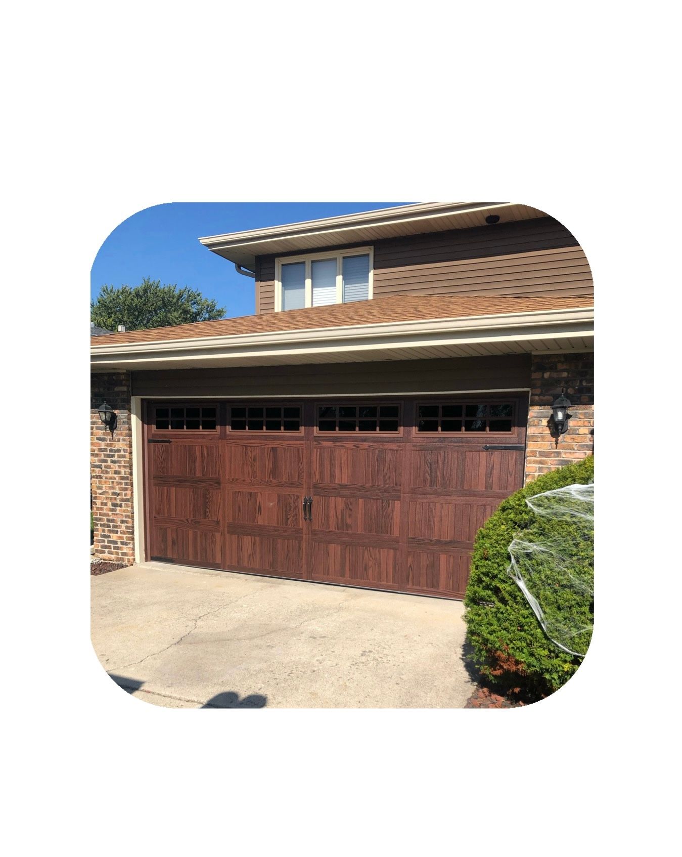 Brown garage door with windows, on a brick house. Blue sky and bush with spiderweb.