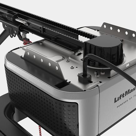 LiftMaster garage door opener with a black belt, motor, and metallic casing.