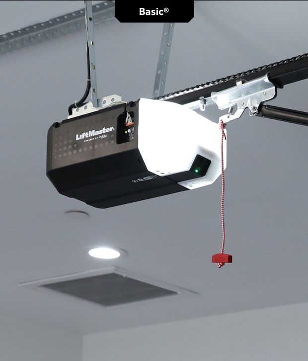Garage door opener unit mounted on a ceiling; 