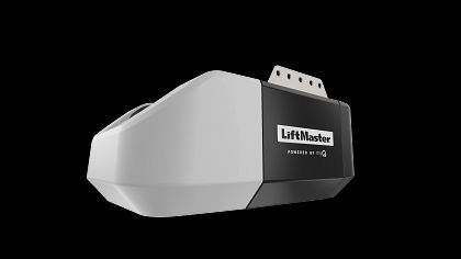 LiftMaster garage door opener, white and black casing against a black background.