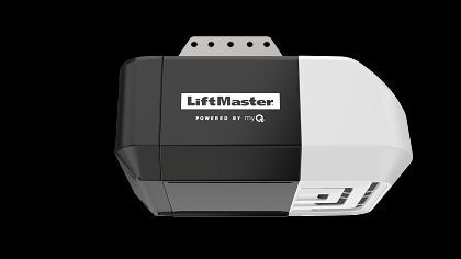 LiftMaster garage door opener, black and white, mounted to a ceiling.
