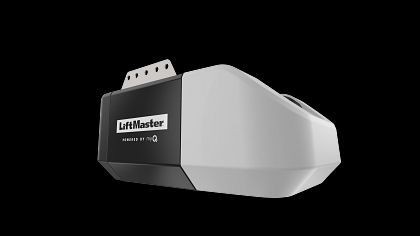 LiftMaster garage door opener, black and gray, angled view.