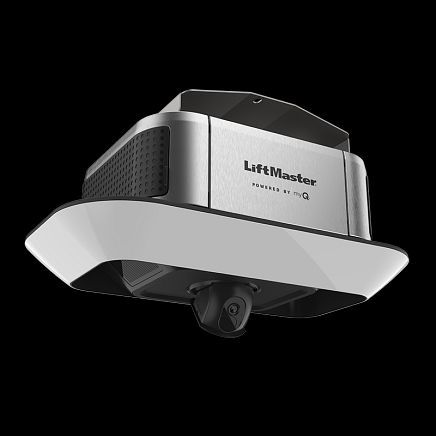 Silver and black LiftMaster garage door opener with integrated camera.