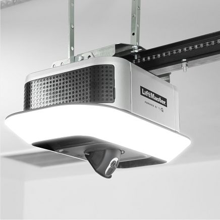 LiftMaster garage door opener with integrated camera and bright LED lighting.