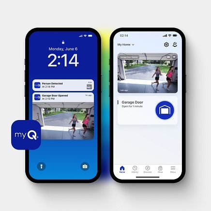 Two smartphones displaying the myQ app, showing garage door status and notifications.