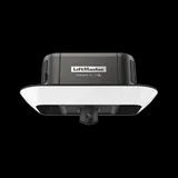 A black and white LiftMaster garage door opener with a built-in camera against a black background.
