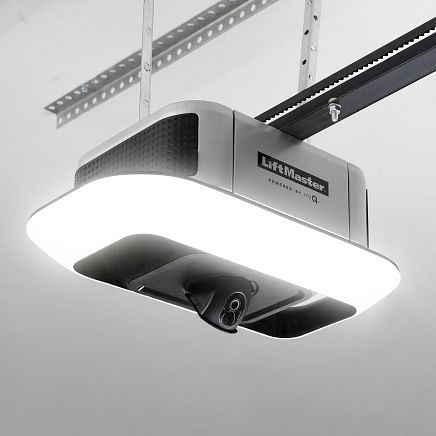 LiftMaster garage door opener with integrated camera and LED lighting.