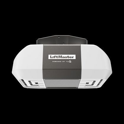 LiftMaster garage door opener, white and gray, with the myQ logo.