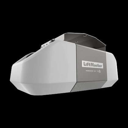 LiftMaster garage door opener, white and gray, mounted to a black background.