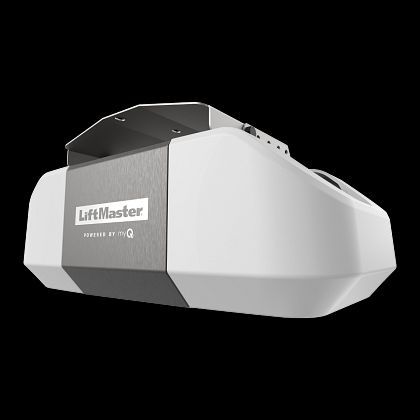 LiftMaster garage door opener, white and gray, mounted overhead.