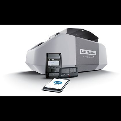 LiftMaster garage door opener with remote controls and smartphone.