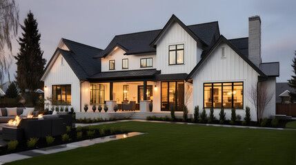 Modern two-story white house with lit windows and patio at dusk, surrounded by a manicured lawn and garden