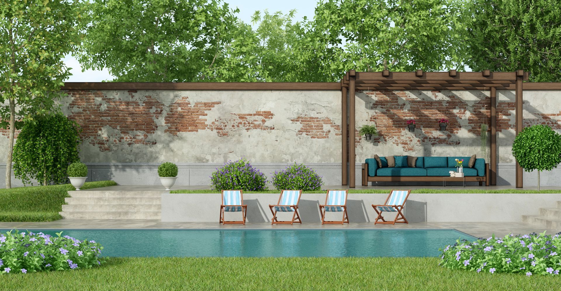 Modern backyard patio with pool, lounge chairs, and a shaded seating area against a brick wall.