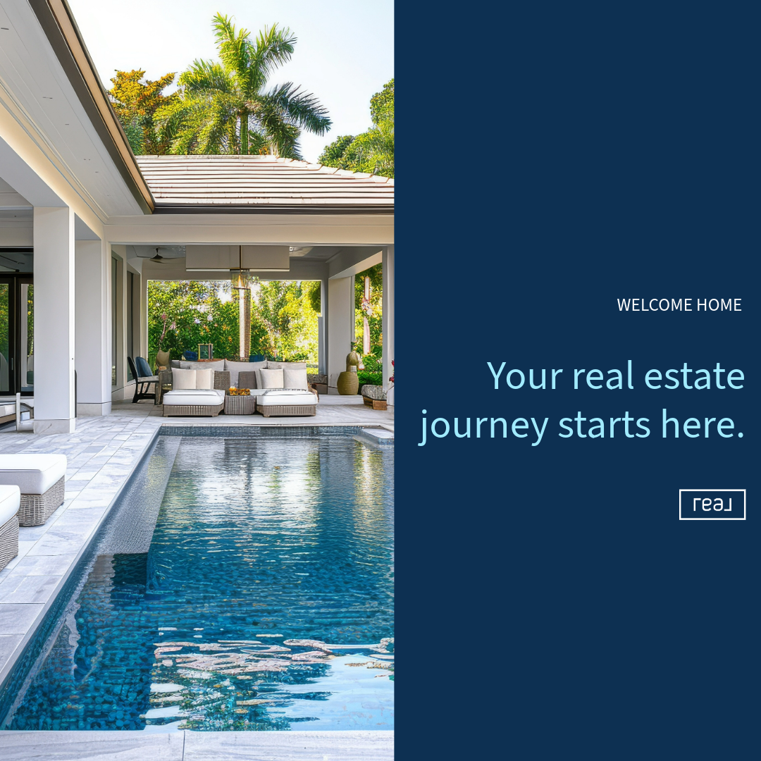 Modern luxury villa with pool and patio beside text: “Your real estate journey starts here.”