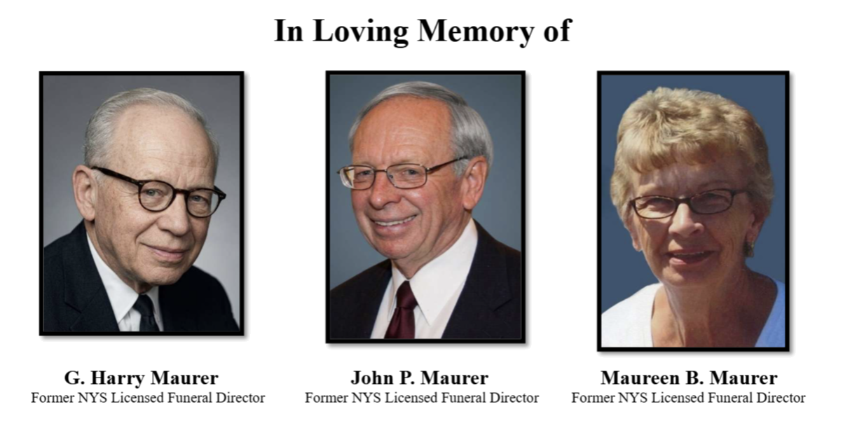 In Loving Memory memorial portraits of G. Harry Maurer, John P. Maurer, and Maureen D. Maurer, all licensed funeral directors.