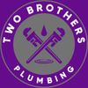 A purple circular logo for Two Brothers Plumbing featuring two crossed pipe wrenches, a water drop, and a puddle.