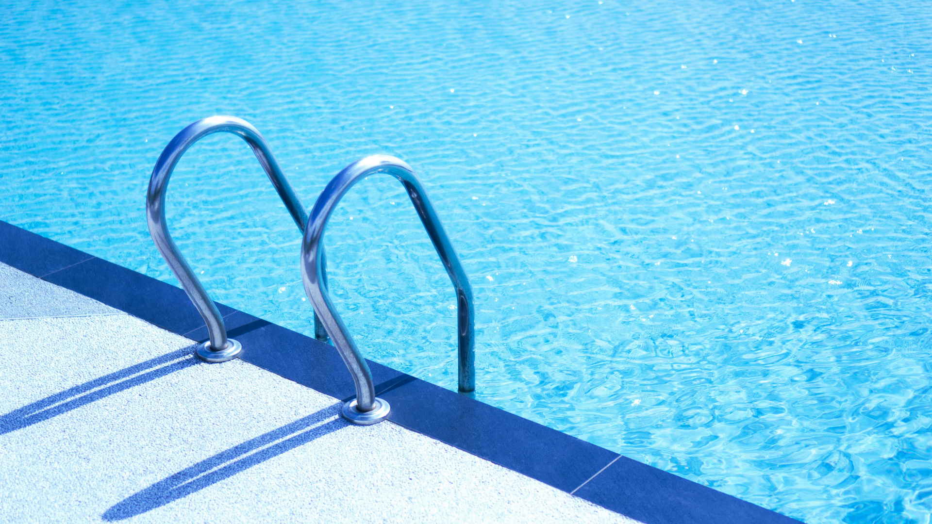 Blue swimming pool with metal ladder and white coping in a sunny backyard