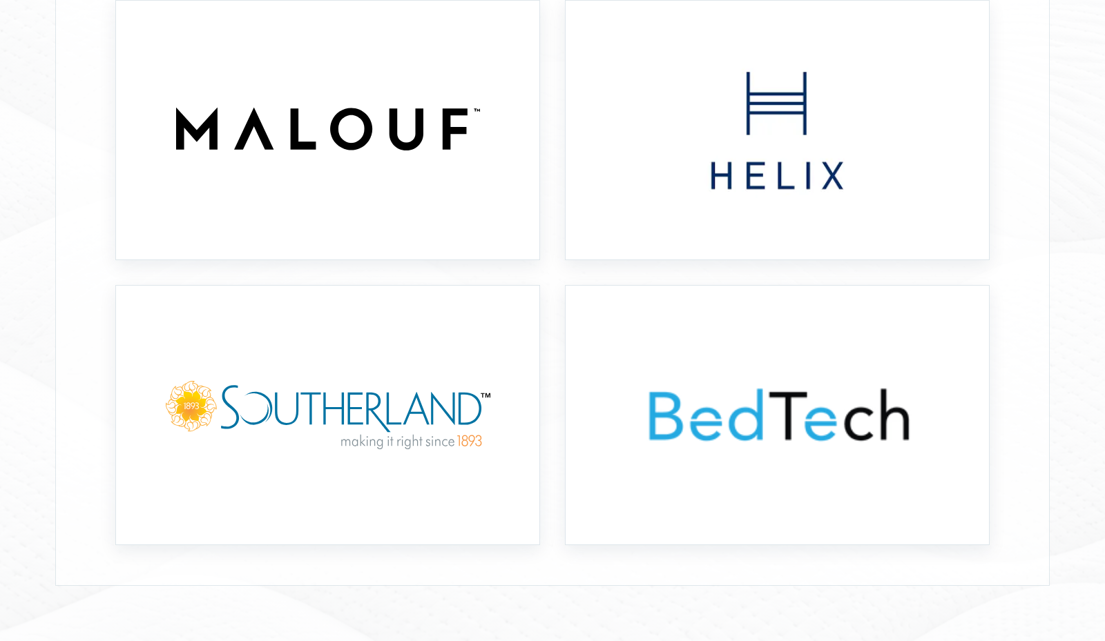 Featured mattress brands: Malouf, Helix, Southerland, and BedTech.