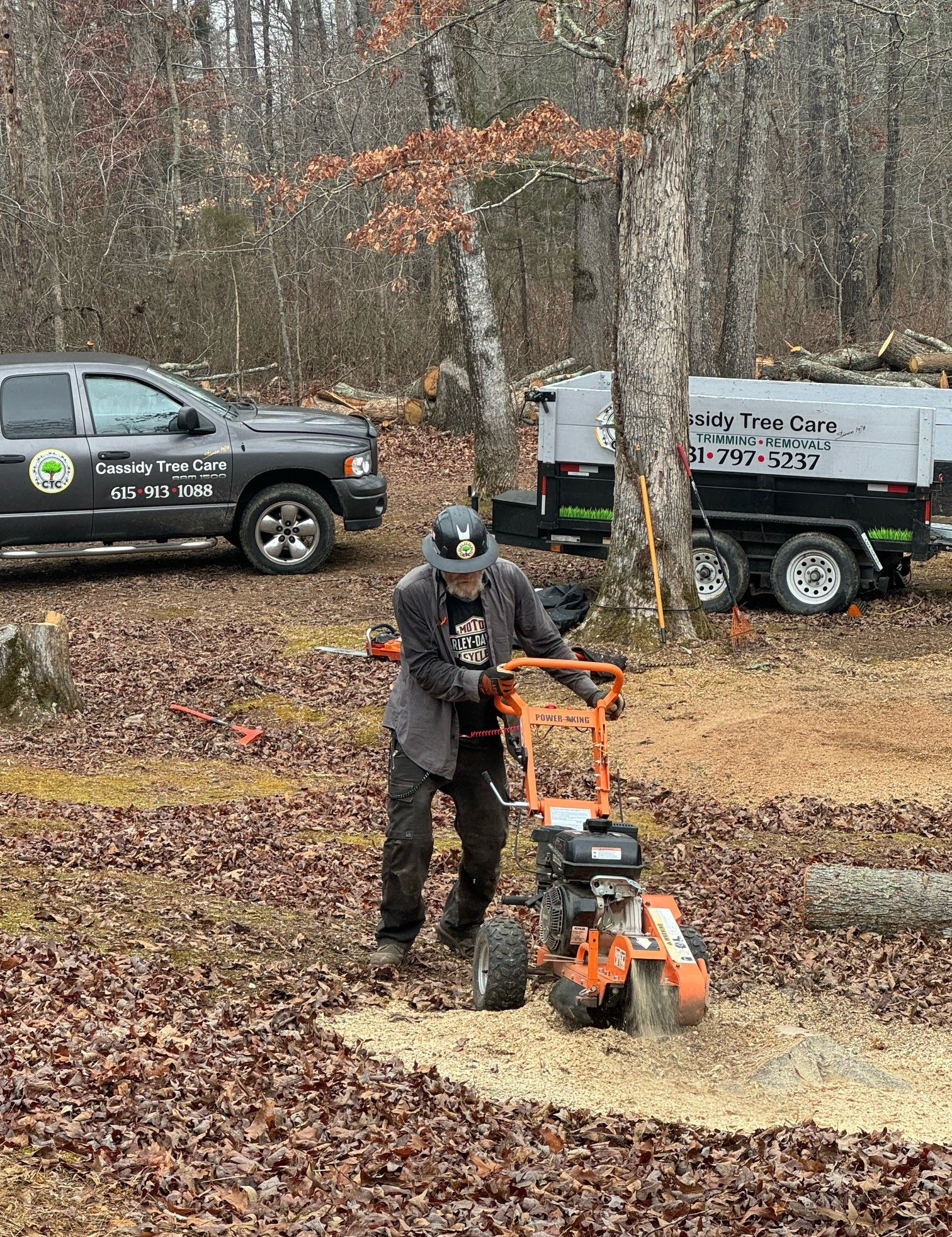 Man using a stump grinder in a wooded area; a truck and trailer are nearby.