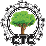 Logo featuring a green tree within a black and white chainsaw chain and 