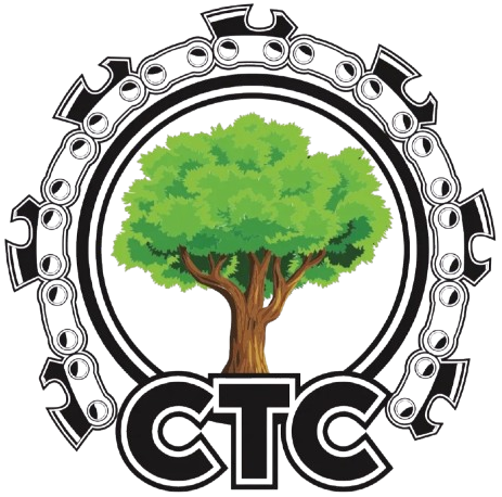 Logo featuring a green tree within a black and white chainsaw chain and 
