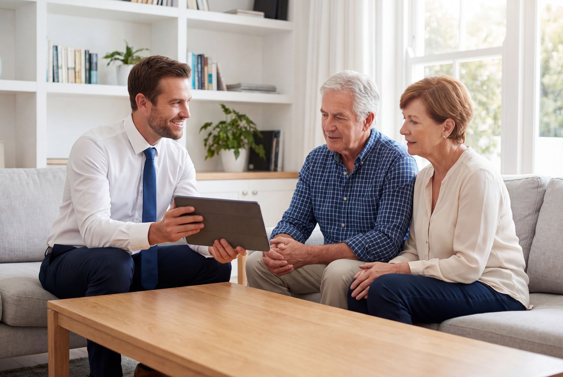 Advisor showing a tablet to a senior couple during a retirement planning service consultation.
