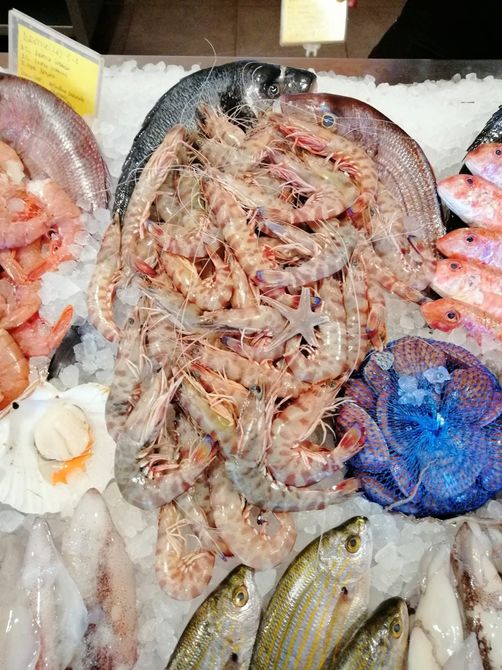 Esposizione di frutti di mare con gamberi, pesce e ostriche su ghiaccio presso una bancarella del mercato.