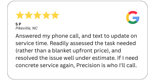 A customer review for Precision Concrete Service with 5-star rating. It describes efficient service, and accurate pricing.