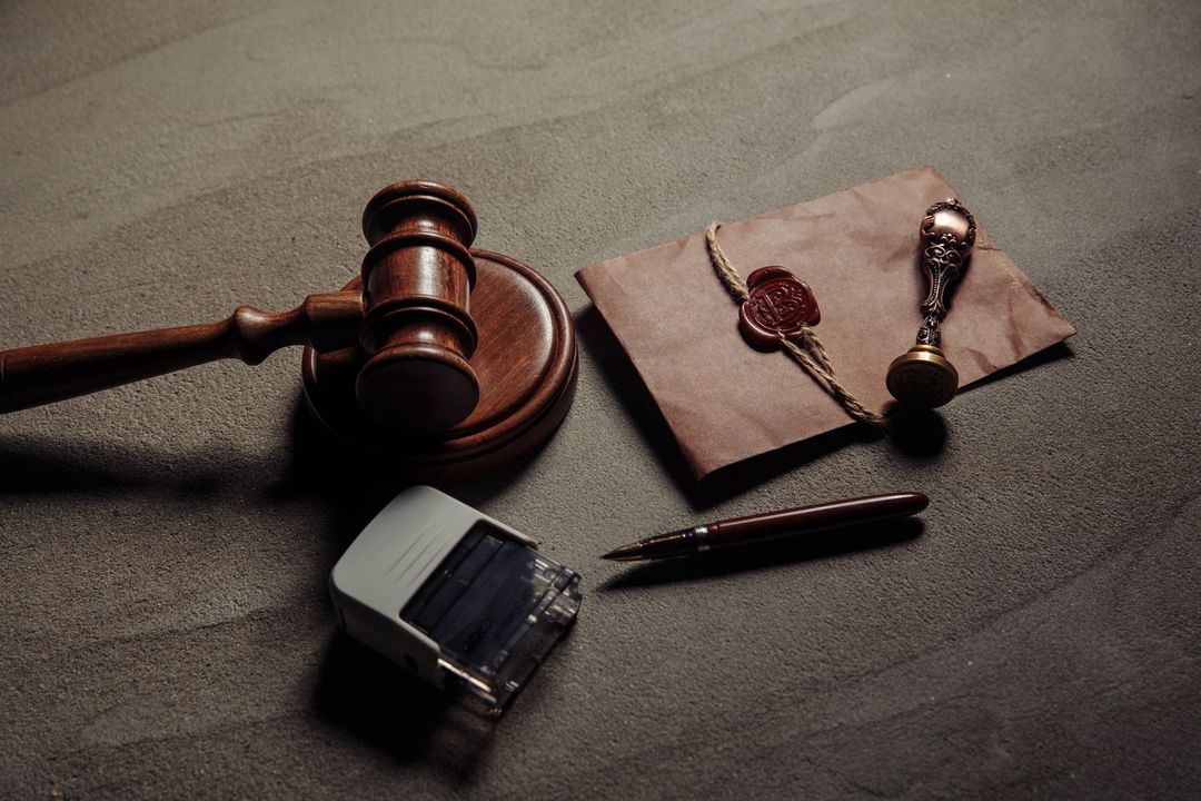 Il martelletto del giudice, il timbro e la cartella dei documenti su un tavolo scuro.