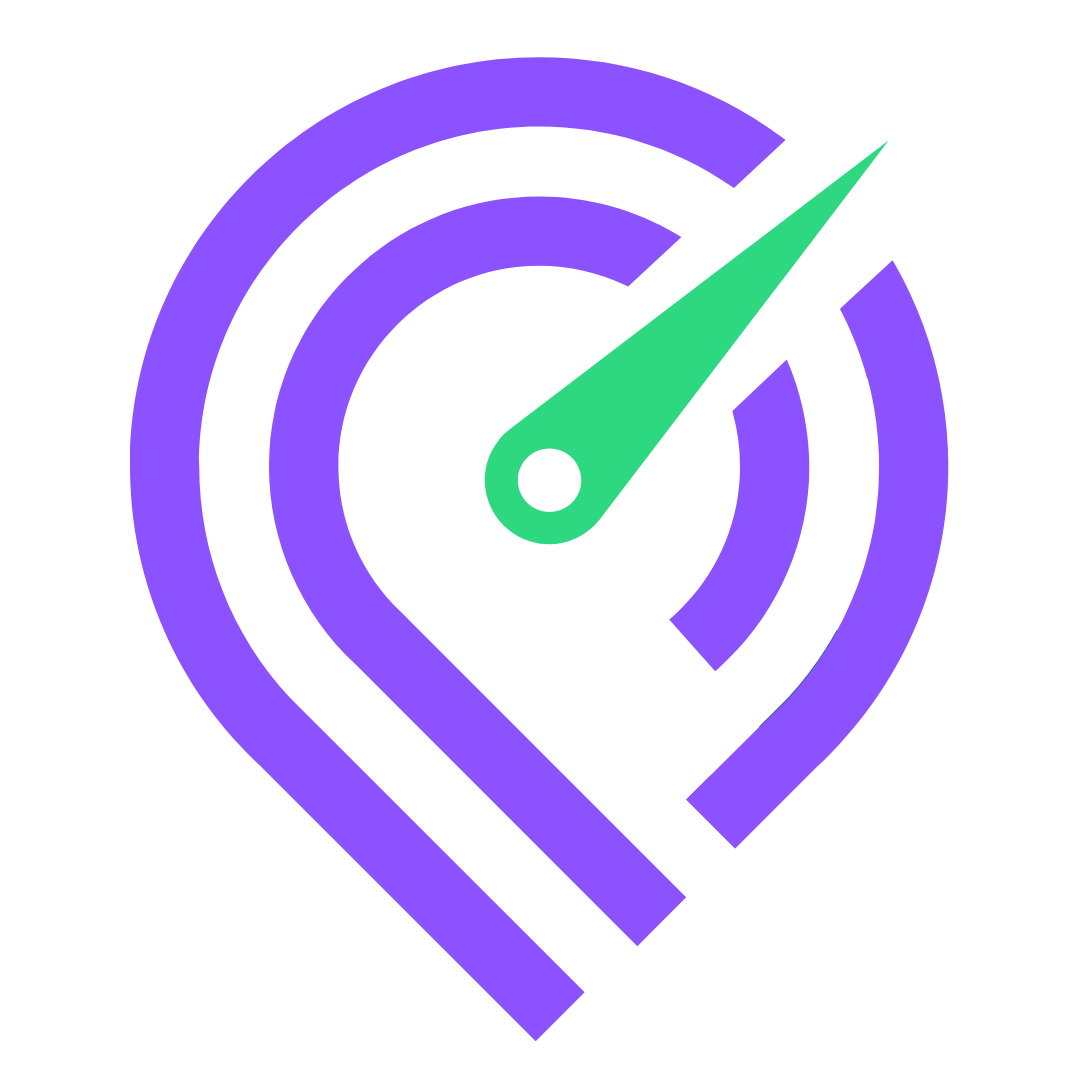 A purple and white circle with a green arrow in the middle.