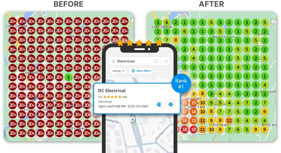 A before and after picture of a cell phone and a map.