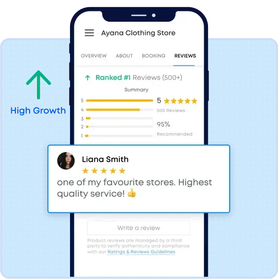 A phone screen shows a review from happy customer