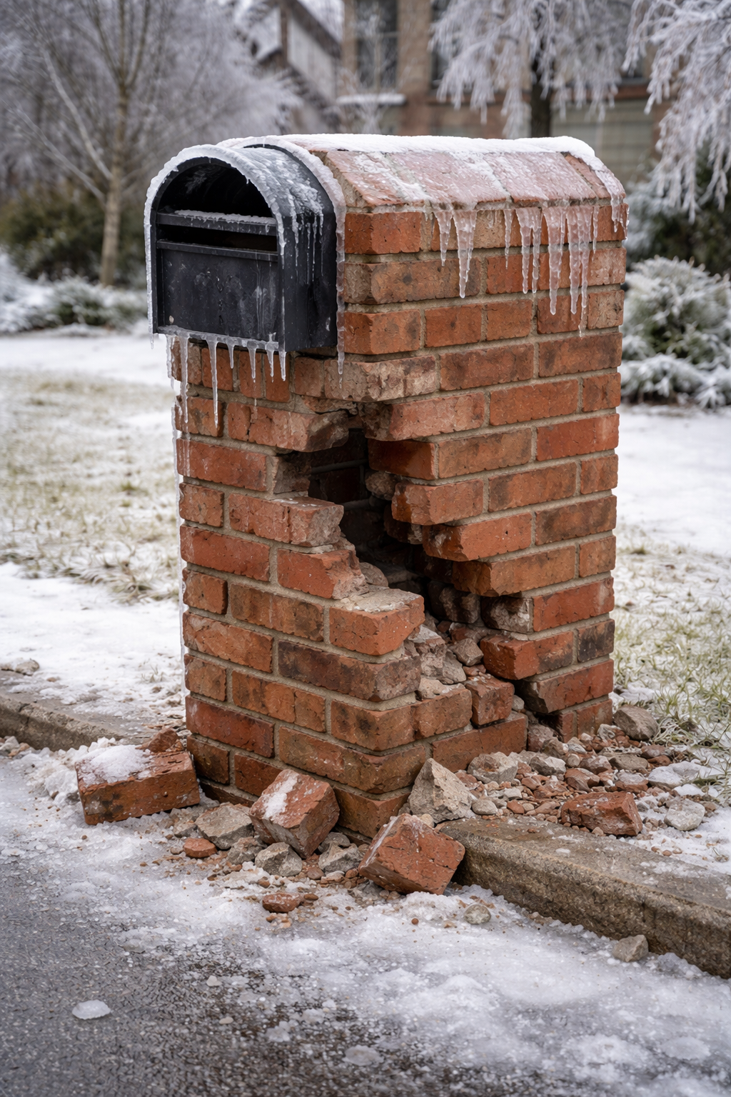 ice damaged brick mailbox