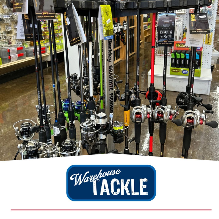 Fishing rods displayed in a Warehouse Tackle store aisle