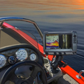 Boat cockpit with fish finder display and gauges on calm water at sunset