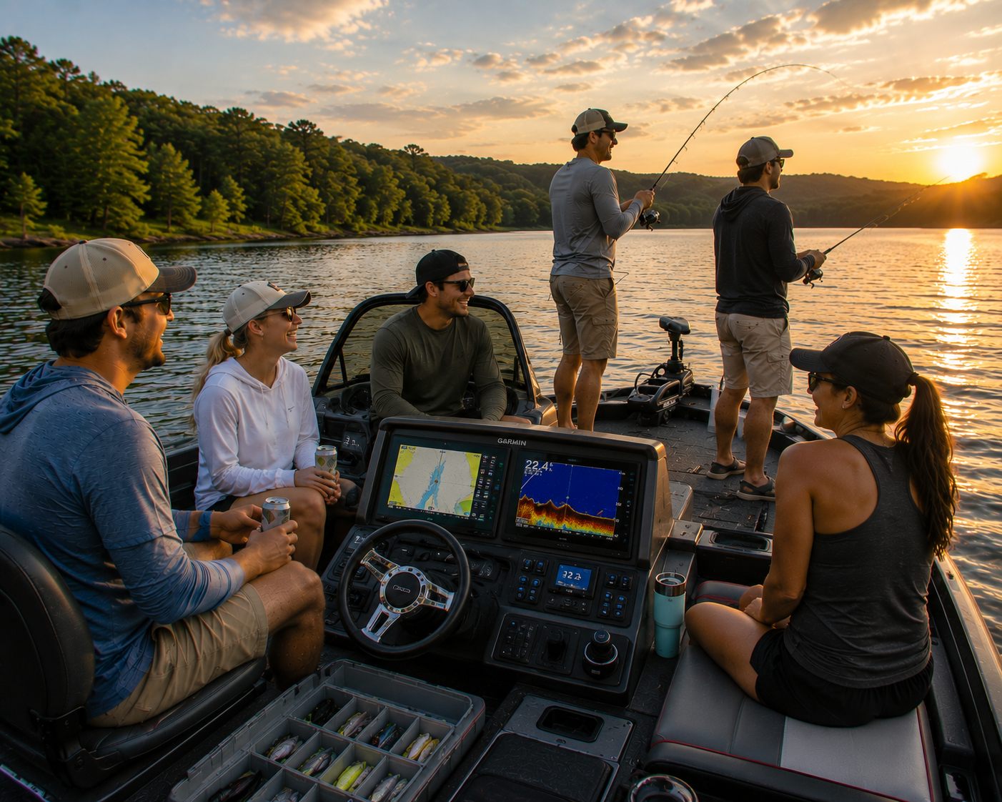 Group fishing from a boat at sunset, with a lit fish finder and calm lake water.