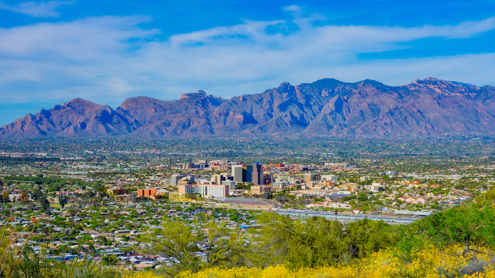 An aerial view of a city with mountains in the background.