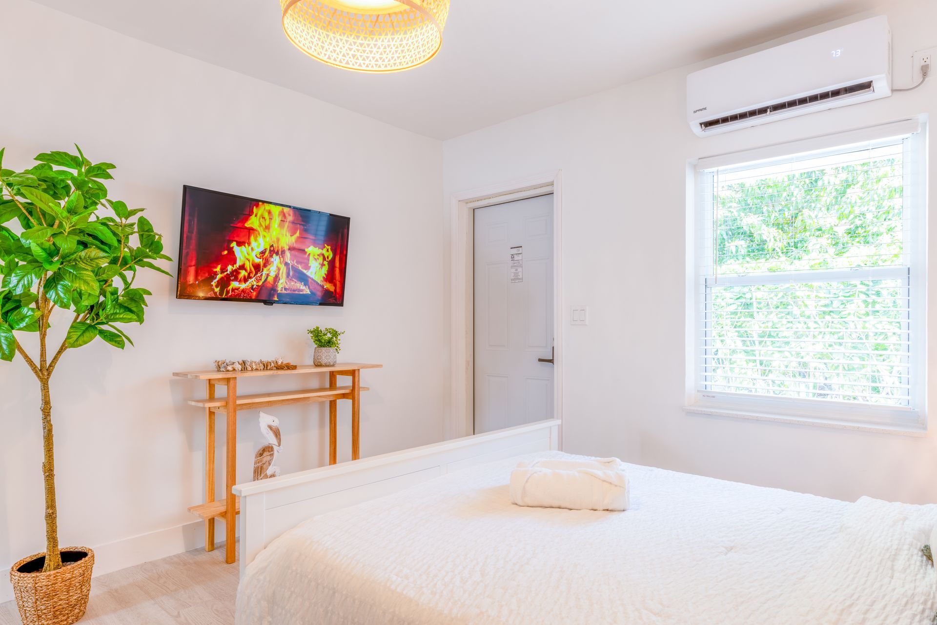 White bedroom with TV, small table, ficus plant, bed, and window with sunlight.