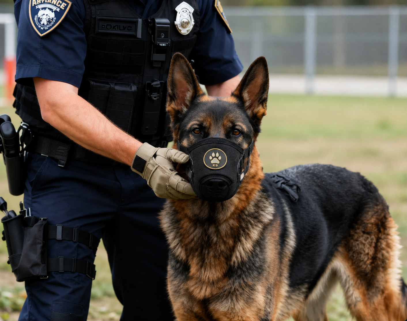Police K9 handler fitting an oxygen muzzle on a German Shepherd