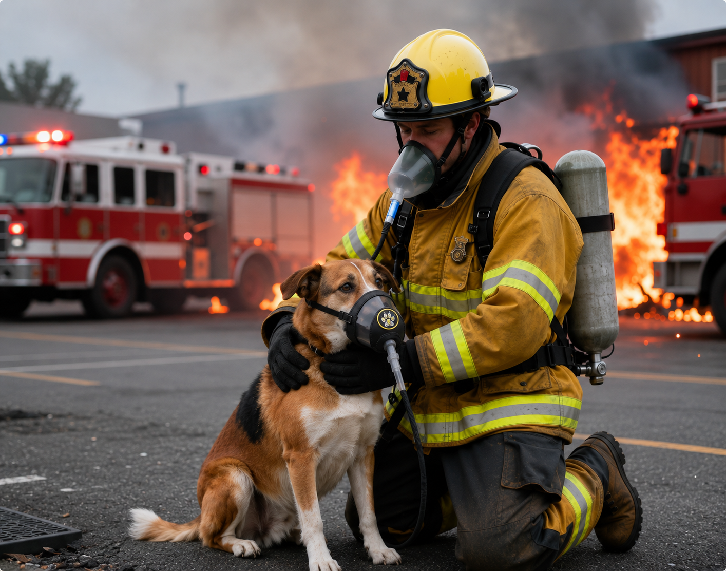Firefighter administering oxygen to a dog at an emergency scene