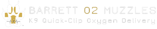 Barrett 02 Muzzles logo with subtitle “K9 Quick-Clip Oxygen Delivery” in white on black