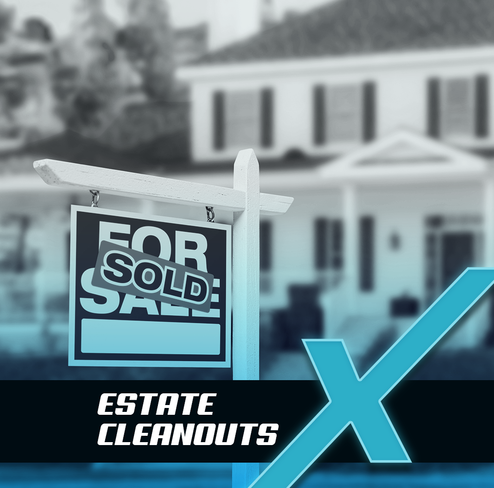 a black and white photo of house with estate cleanouts text