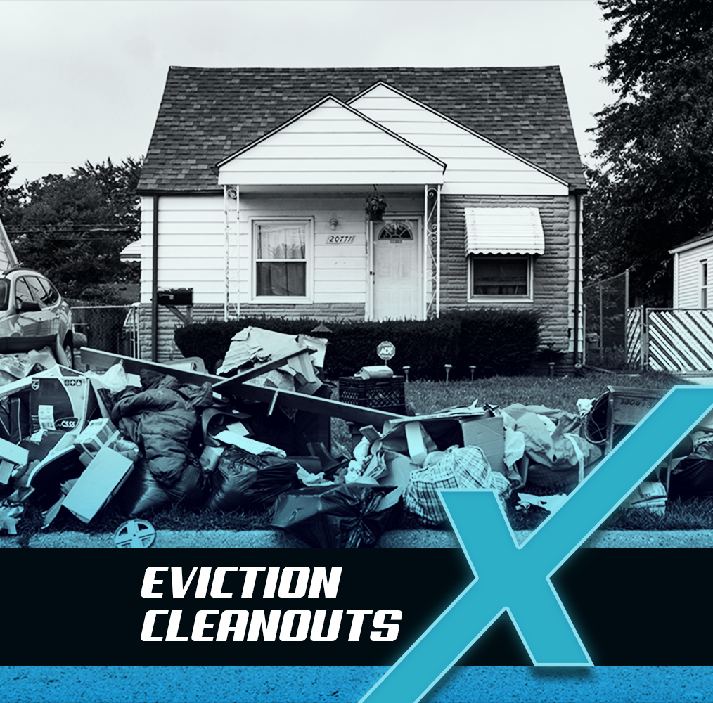 a black and white photo of appliances in front of house with eviction cleanouts text