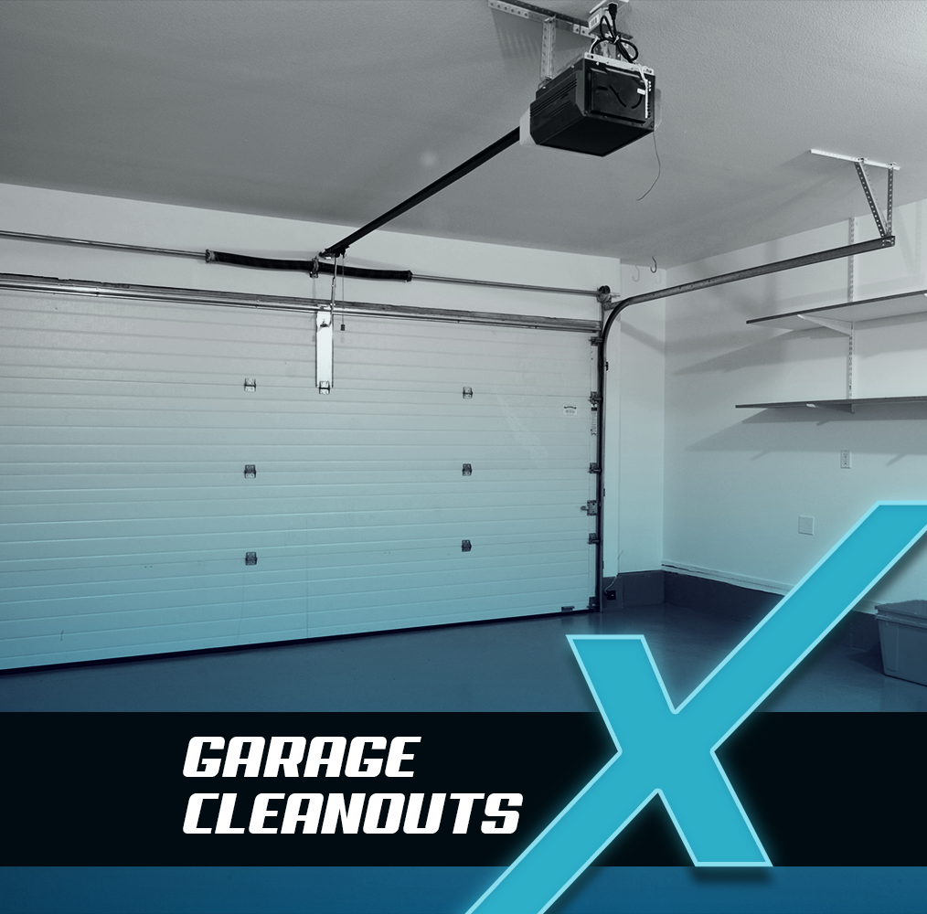 a black and white photo of garage with garage cleanouts text