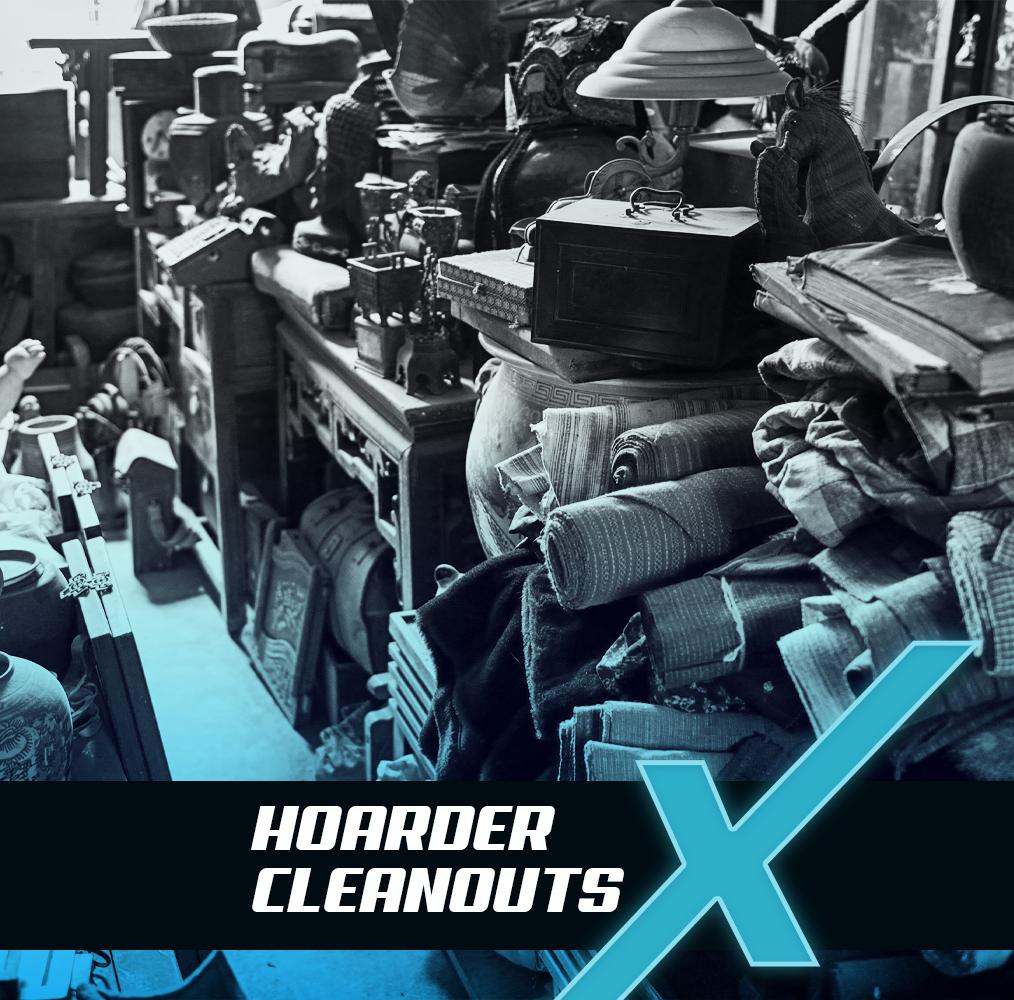 a black and white photo of unwanted items with hoarder cleanouts text