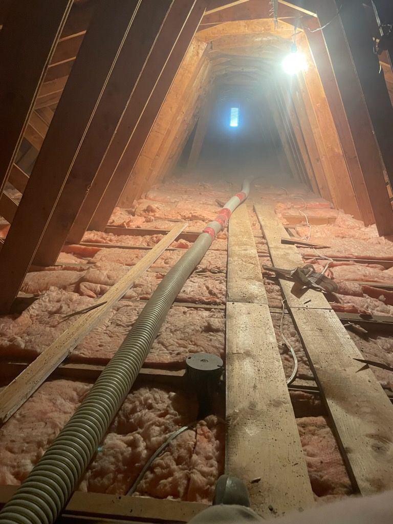 A person is standing in the attic of a house looking up at the ceiling.