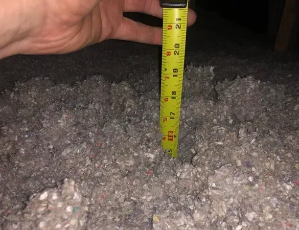 A person is measuring a pile of insulation with a tape measure.